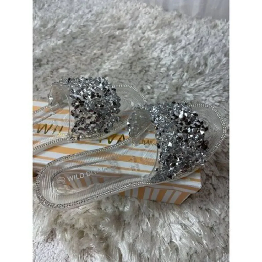 Wild Diva On The Bright Side Embellished Flat Sandals Clear Size‎ 7